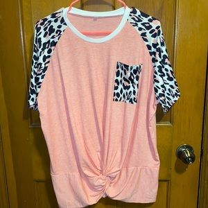 Pink Tee with Leopard Sleeves and Pocket